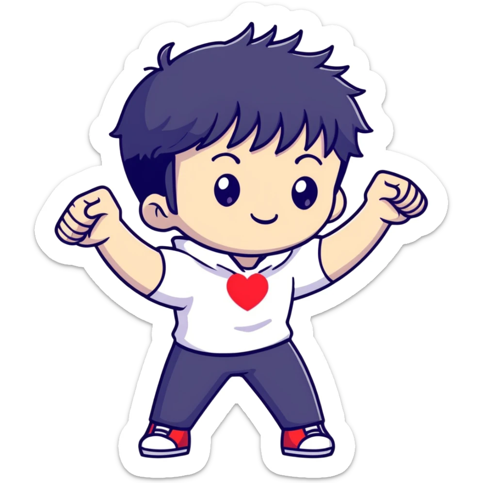 Black-haired male idol with arms forming heart shape above head, arms curved in heart outline, K-pop style sticker