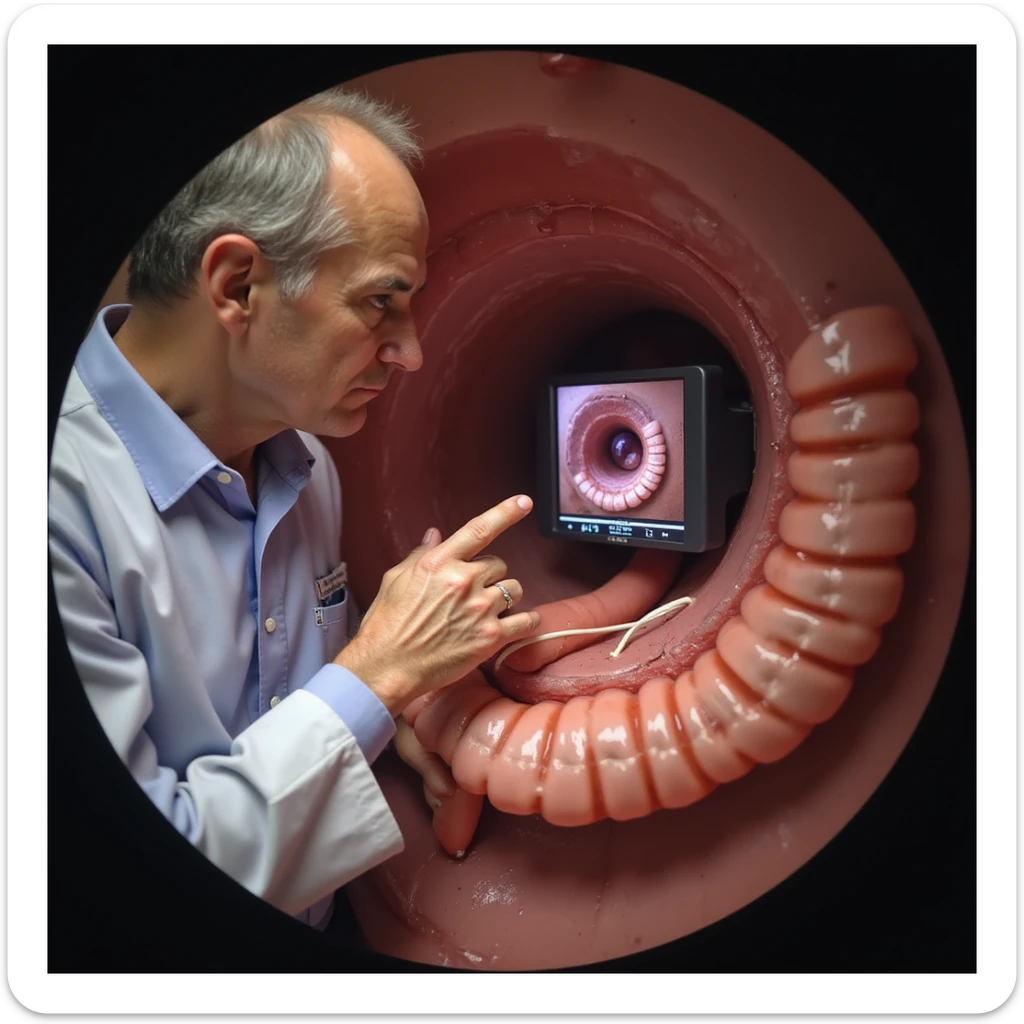 realistic colonoscopy of middle-aged man, monitor showing polyp removal with snare, doctor pointing to area with early changes, clinical details sticker