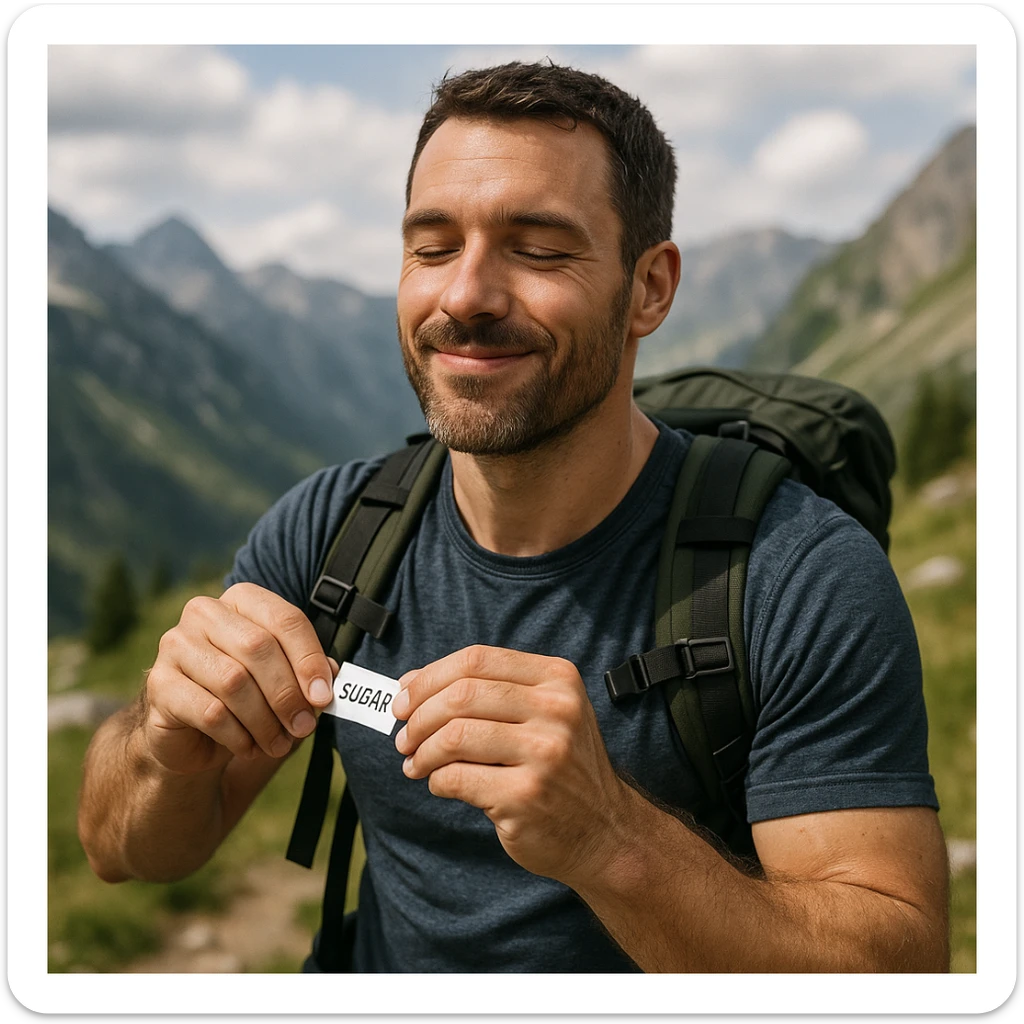 realistic 4K quality image of a sporty man during a mountain hike stopping to take a sugar packet for energy, satisfied expression, natural landscape background sticker