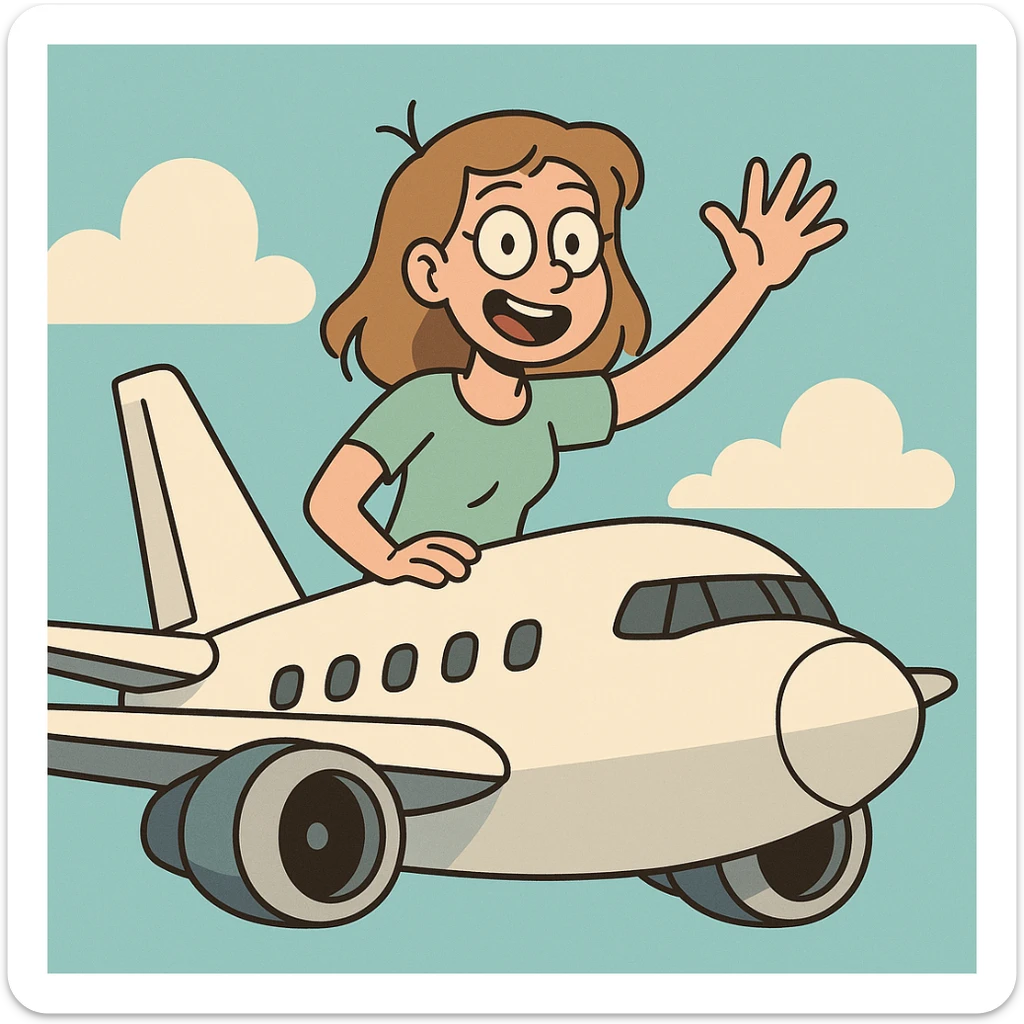 a girl waving from the top of an airplane, cheerful expression, simple and bold design sticker