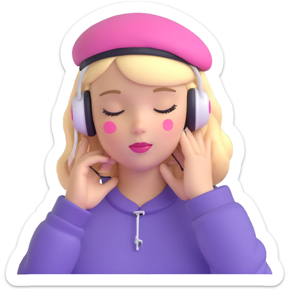 blonde American girl wearing a pink beret and AirPods Max headphones, listening to music with closed eyes sticker