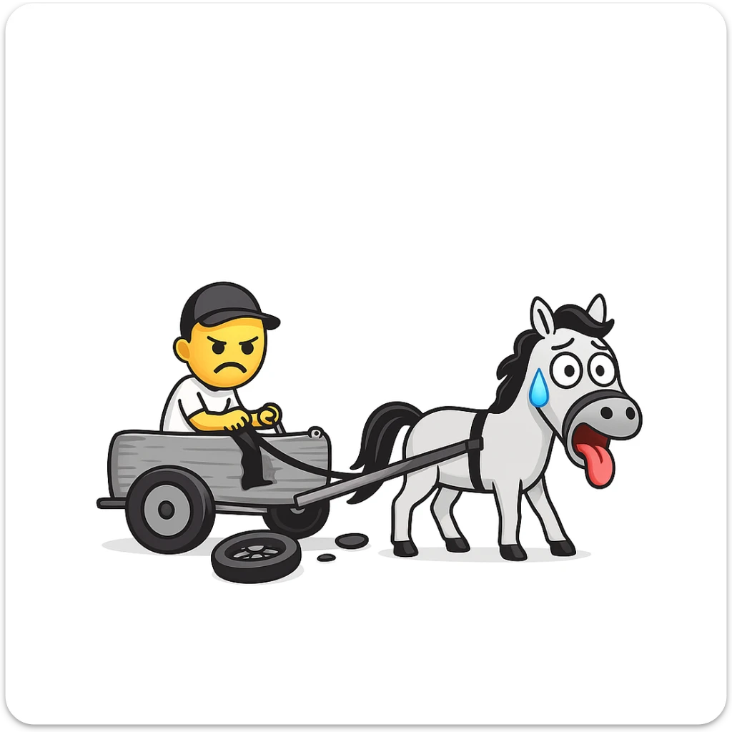 Make the horse cart look broken and add funny, exaggerated emoji expressions to the horse and cart. Keep the style consistent. The style is emoji style. sticker