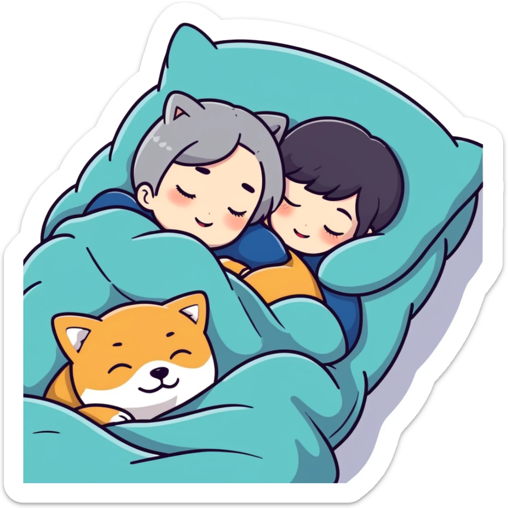 Create a short hair gray hair girl sleeping cuddling with a ton of shiba sticker