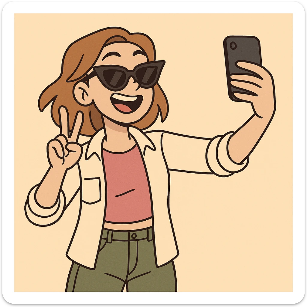 influencer girl, trendy outfit, sunglasses, taking a selfie, social media vibe, flat illustration style sticker