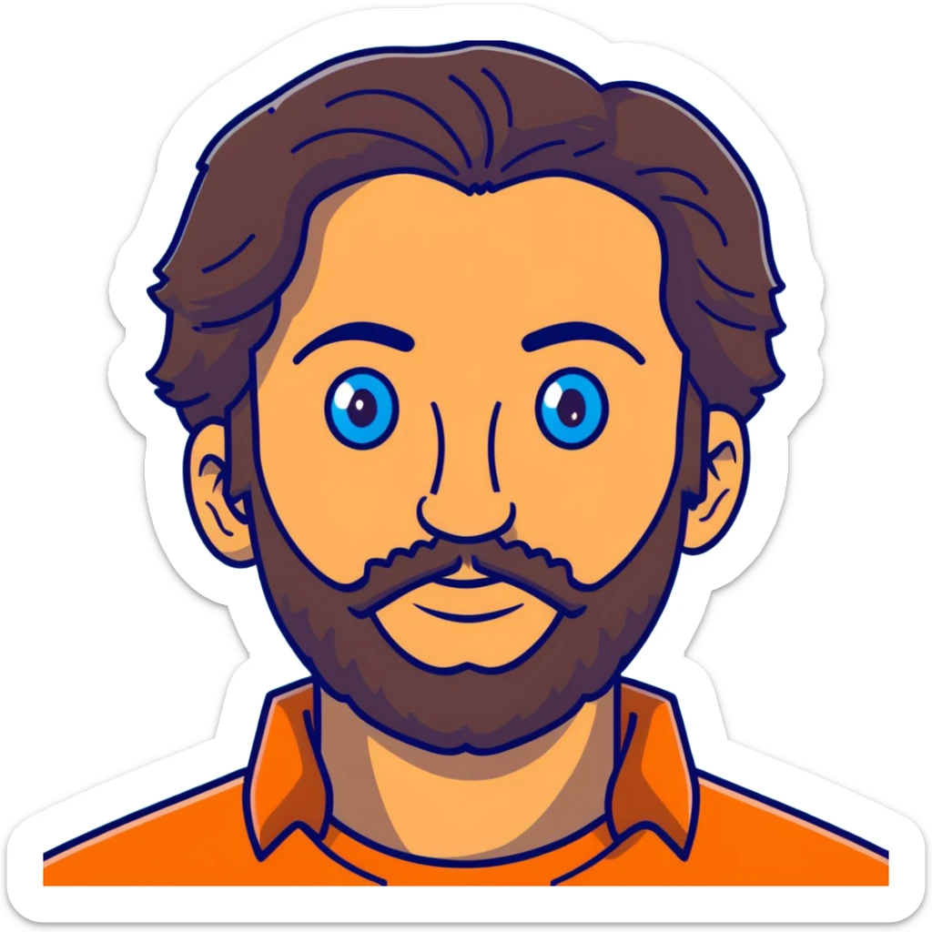 Lebanese man with one blue eye and one brown eye, dark brown longish wavy hair, light beard, closed mouth, kind expression, blue shirt sticker