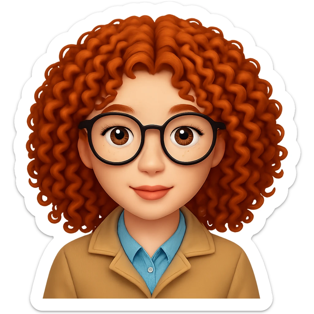 Add glasses to the freckled woman with curly hair in emoji style. Remove the background. sticker