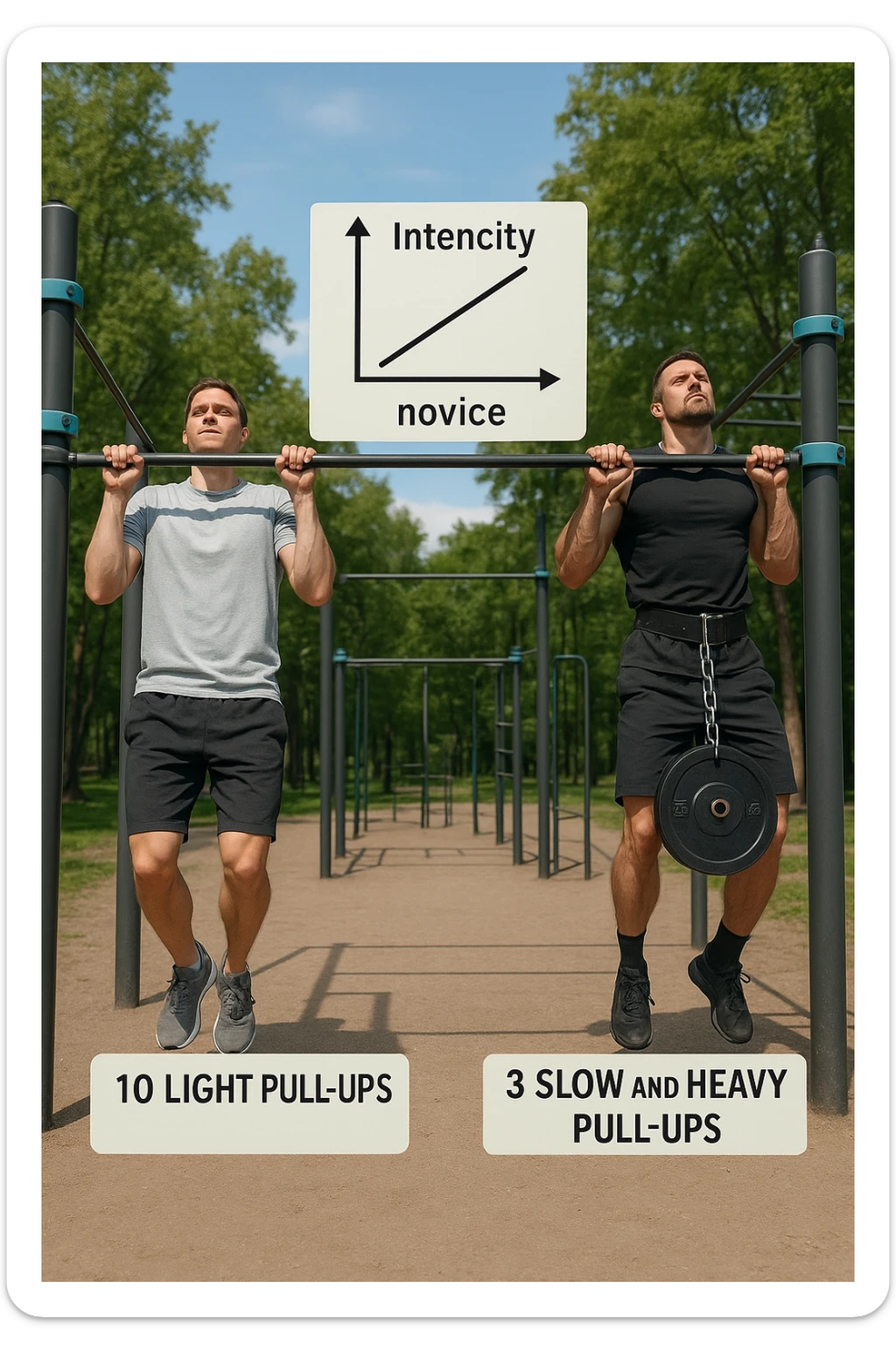 Due atleti fianco a fianco in un parco attrezzato: a sinistra il neofita che fa 10 trazioni leggere con concentrazione, a destra l’atleta avanzato con cintura zavorrata che fa 3 ripetizioni lente e pesanti. Tra loro, grafico sospeso in aria che mostra: 'Volume → neofita | Intensità → avanzato'. Stile realistico con elementi educativi visivi sticker
