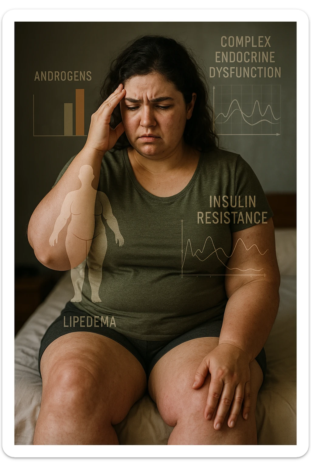 cinematic realistic in italiano Woman with PCOS struggling with hormonal chaos, transparent overlay showing elevated androgens and insulin resistance affecting her body, lipedema causing disproportionate fat accumulation in legs and arms despite normal torso, expression of frustration with unexplained weight gain, medical charts showing complex endocrine dysfunction, painful swollen limbs contrasting with metabolic confusion in italiano sticker