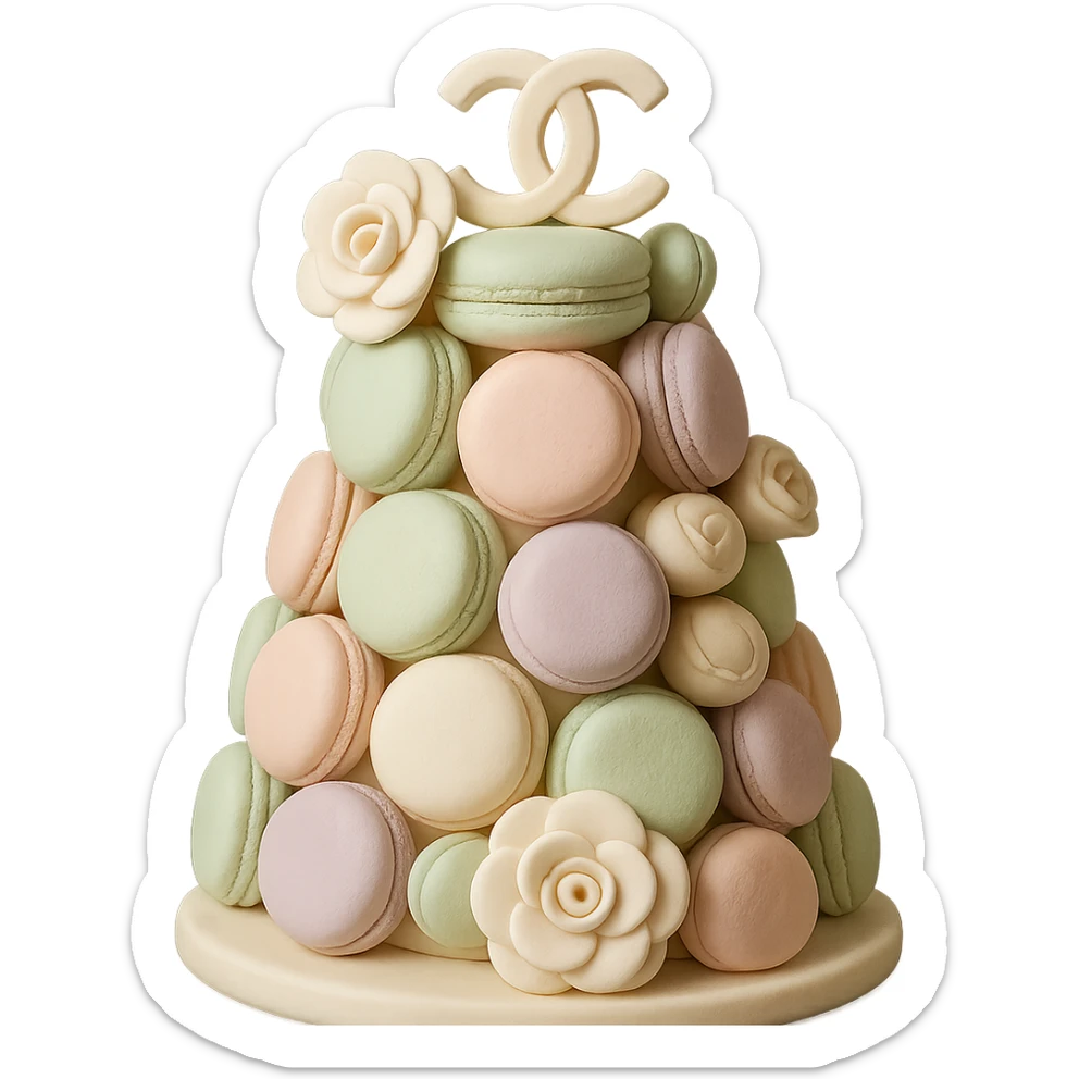 pastel fondant cake art style Chanel macaron tower with logo and camellia flowers sticker