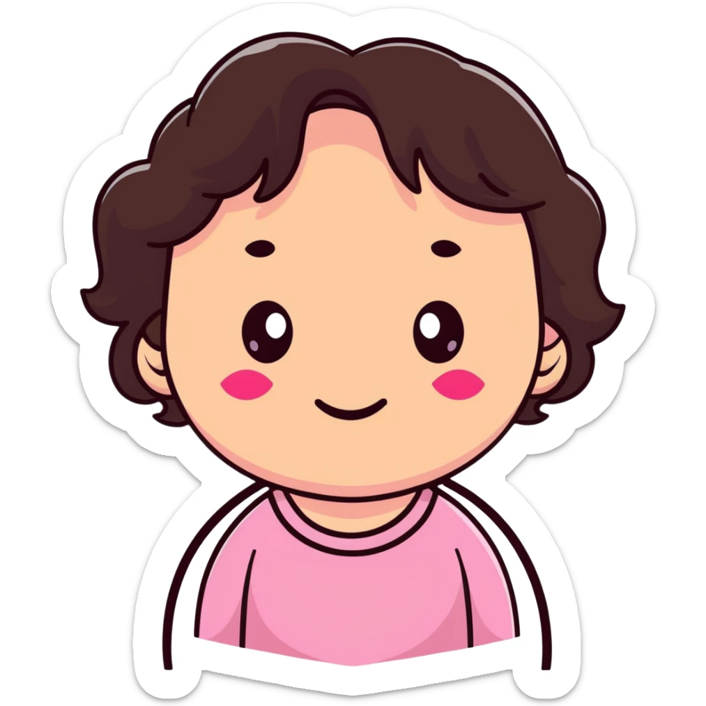 character with dark brown wavy hair, big brown eyes, small nose, big pink mouth, medium weight, medium height sticker