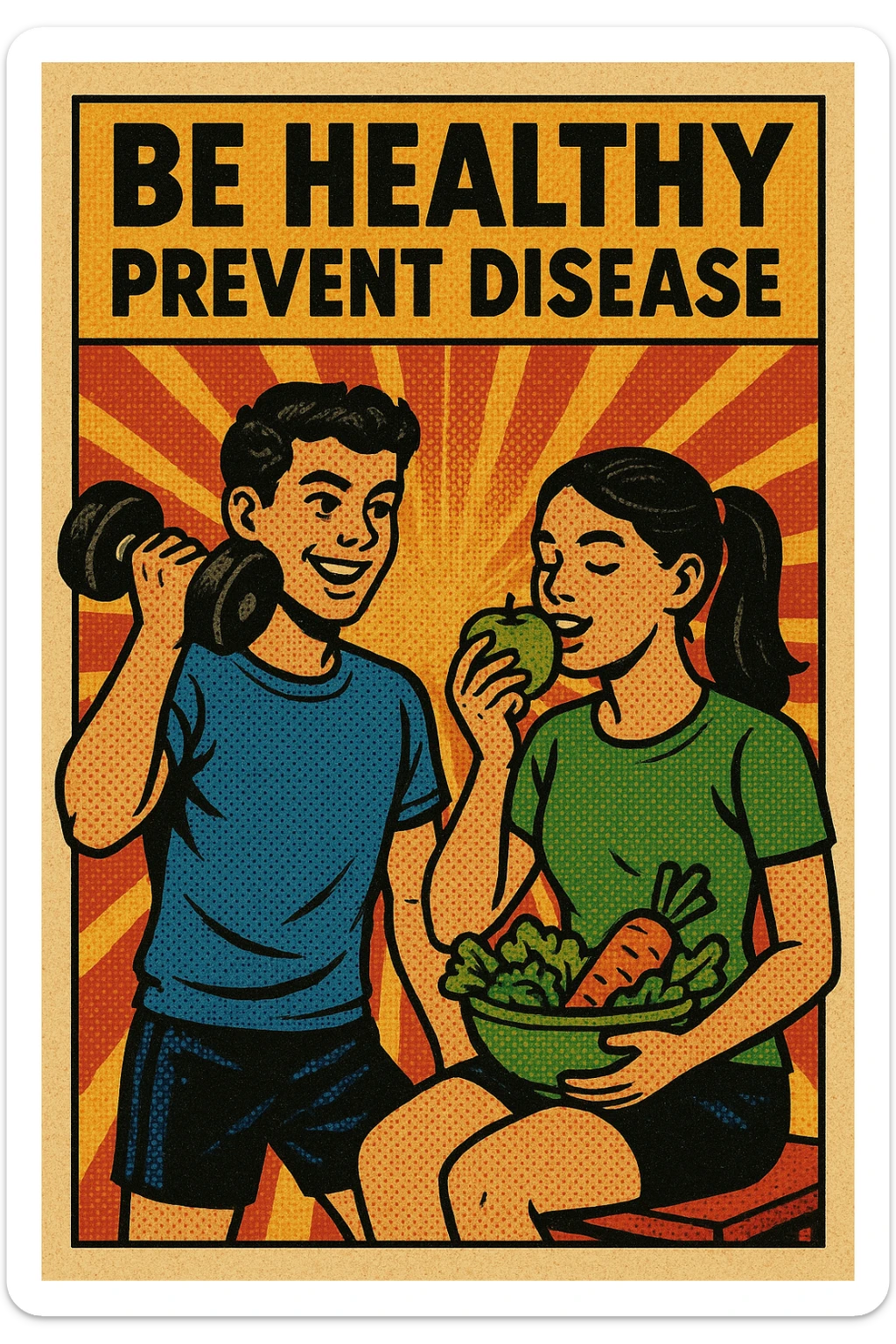 A campaign poster titled 'Be Healthy Prevent Disease' with an image of two teenagers exercising and eating healthy foods sticker