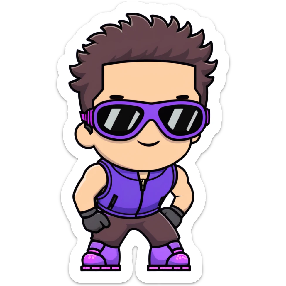 close-up of bad guy male athlete with white skin and moderately curly dark brown hair on top with shaved sides, wearing ski goggles with purple frames and very dark black lenses, a simple plain black chain necklace, and a completely unzipped sleeveless vest with purple and black sequin fire pattern design with no logo, with an extremely arrogant expression sticking his tongue out mockingly, looking menacing and villainous sticker