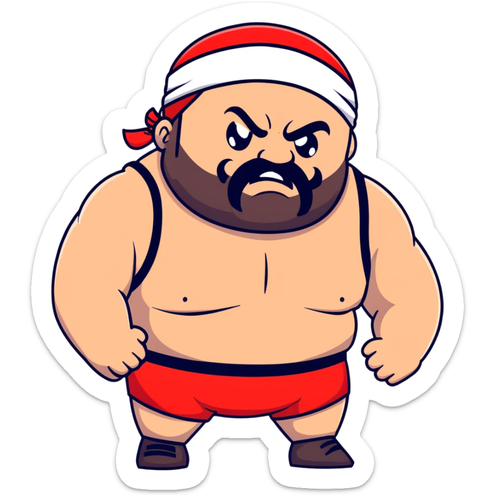 Close-up of extremely fat white skin guy with young face, beard and mustache, no muscle with prominent black durag, black eyes in a red and black wrestling singlet with angry face sticker