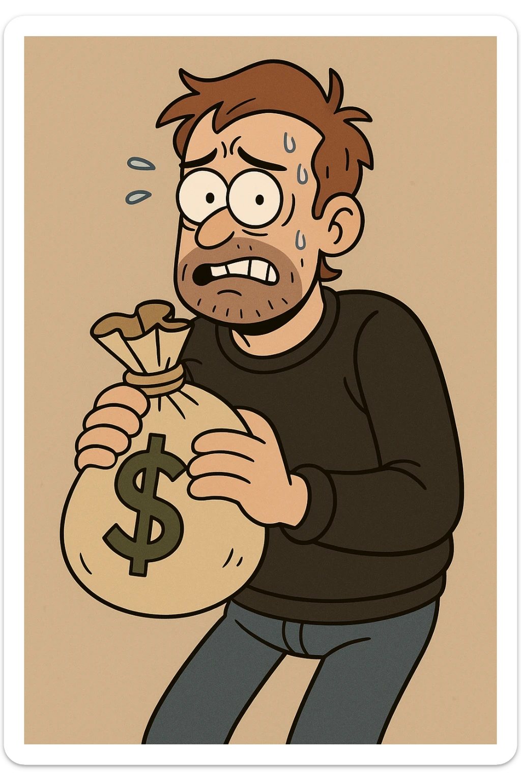 an unmasked man who just robbed a store, looking nervous, holding a bag of money, simple background, cartoon style sticker