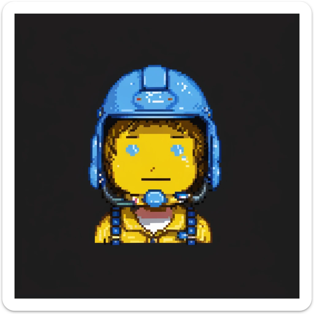 pixel art of a man with a blue helmet, a pencil in his nose, and a yellow shirt, humorous, neutral background sticker