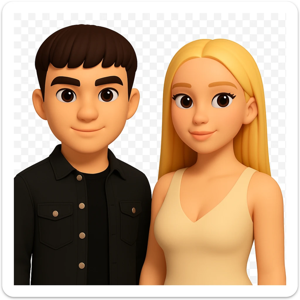 Slightly increase the volume of the upper body of the girl, spread them far apart from each other, make the skin color the same for both characters, keep the cartoonish 3D style, and keep the background transparent. The original style is cartoonish 3D style, please maintain that look. sticker