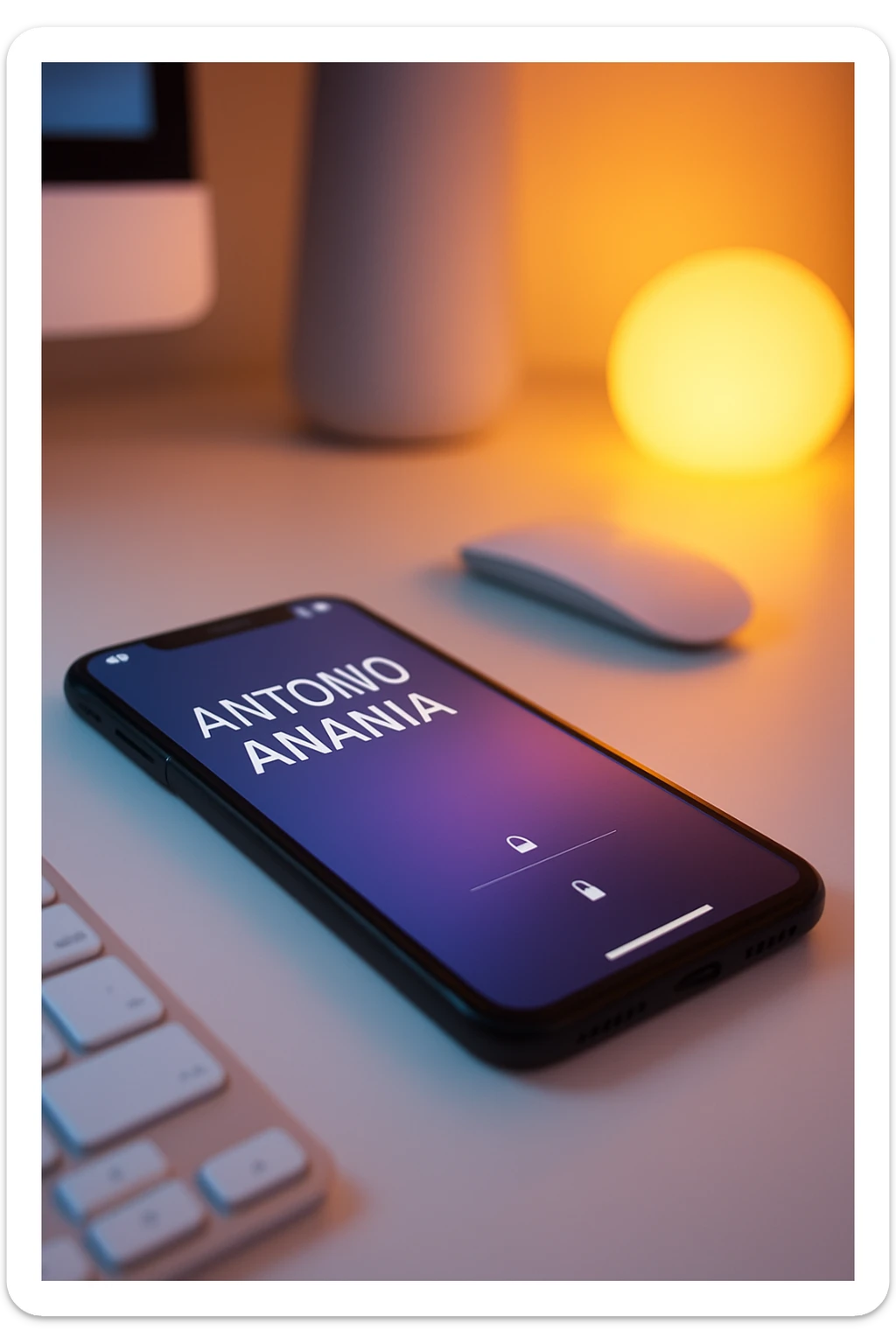 A photo of an iPhone on the desk with the message "Antonio Anania" on its screen, The phone sits atop a desk with a blurred background that suggests work environment. A faint glow from above casts gentle shadows across the surface of each object, creating depth and highlighting their textures sticker