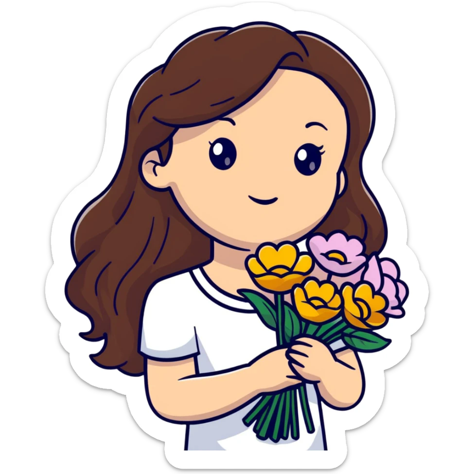 cool girl with long brown hair and fair skin tilting her head to the side while holding a bouquet of flowers sticker