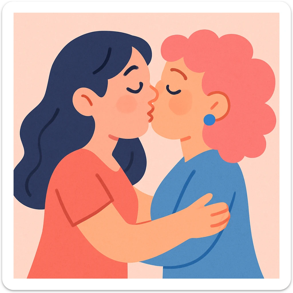 two women kissing, soft pastel cartoon style sticker