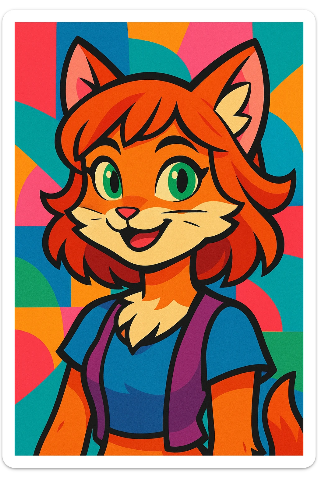 fantasy girl-cat hybrid, with expressive cat eyes, soft fur accents, and a friendly smile, vibrant colorful illustration style sticker