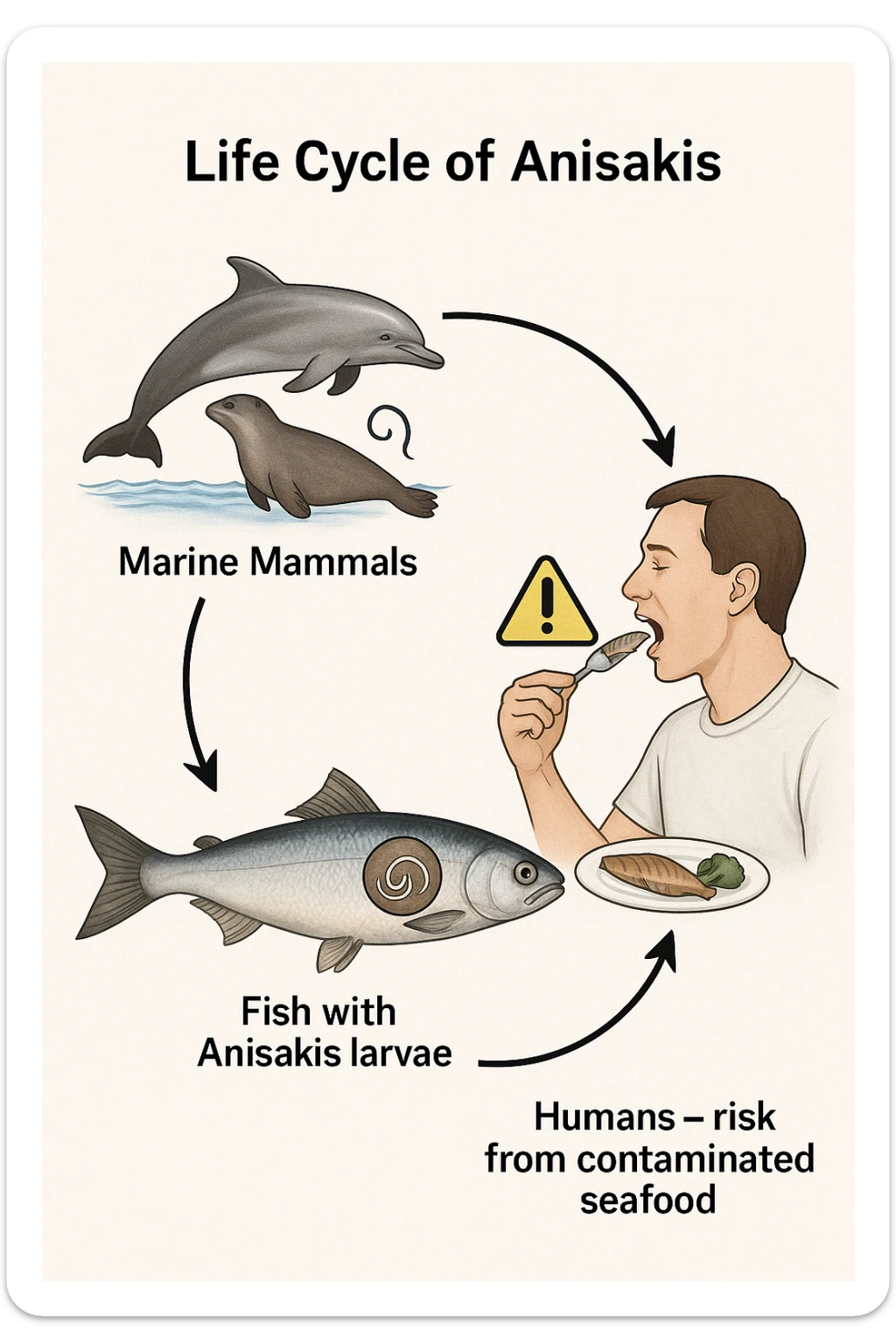 a diagram showing the life cycle of Anisakis, with arrows connecting stages from marine mammals to fish and then to humans. Each stage is illustrated with realistic images: the parasite in the ocean, inside a fish, and the risk to humans who eat contaminated seafood. The style is clear and informative, with labels and icons. sticker