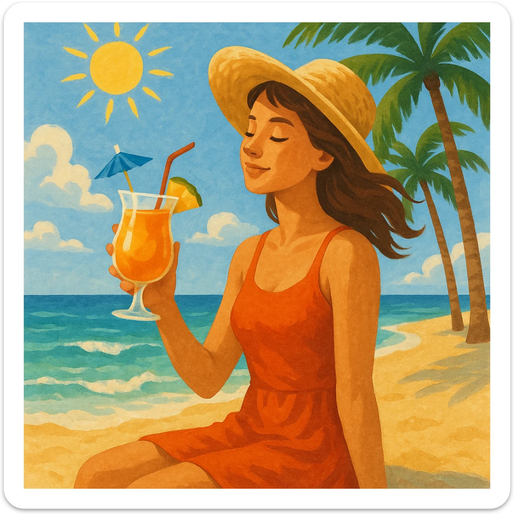 take this picture of a woman and make it  beach photo with drink sticker