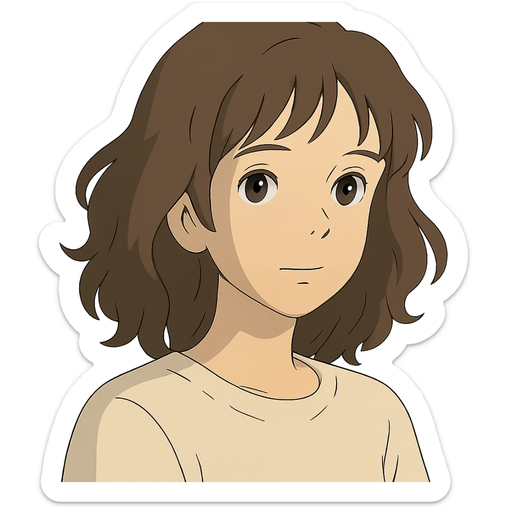 portrait of an Asian girl with medium brown wavy hair and brown eyes, paler skin tone, ghibli style sticker