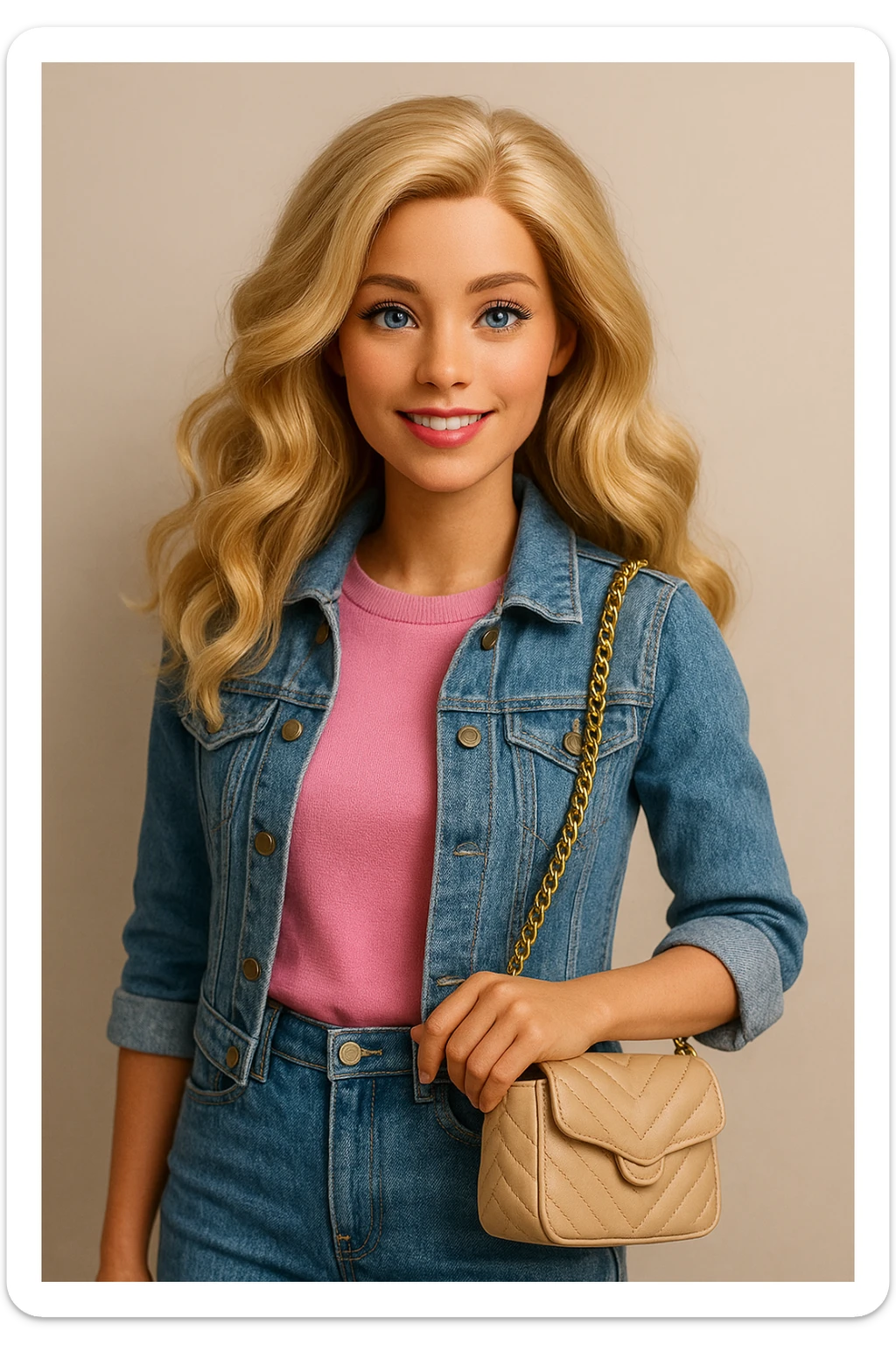 Barbie with wavy blonde hair, trendy outfit, holding a purse, friendly expression sticker