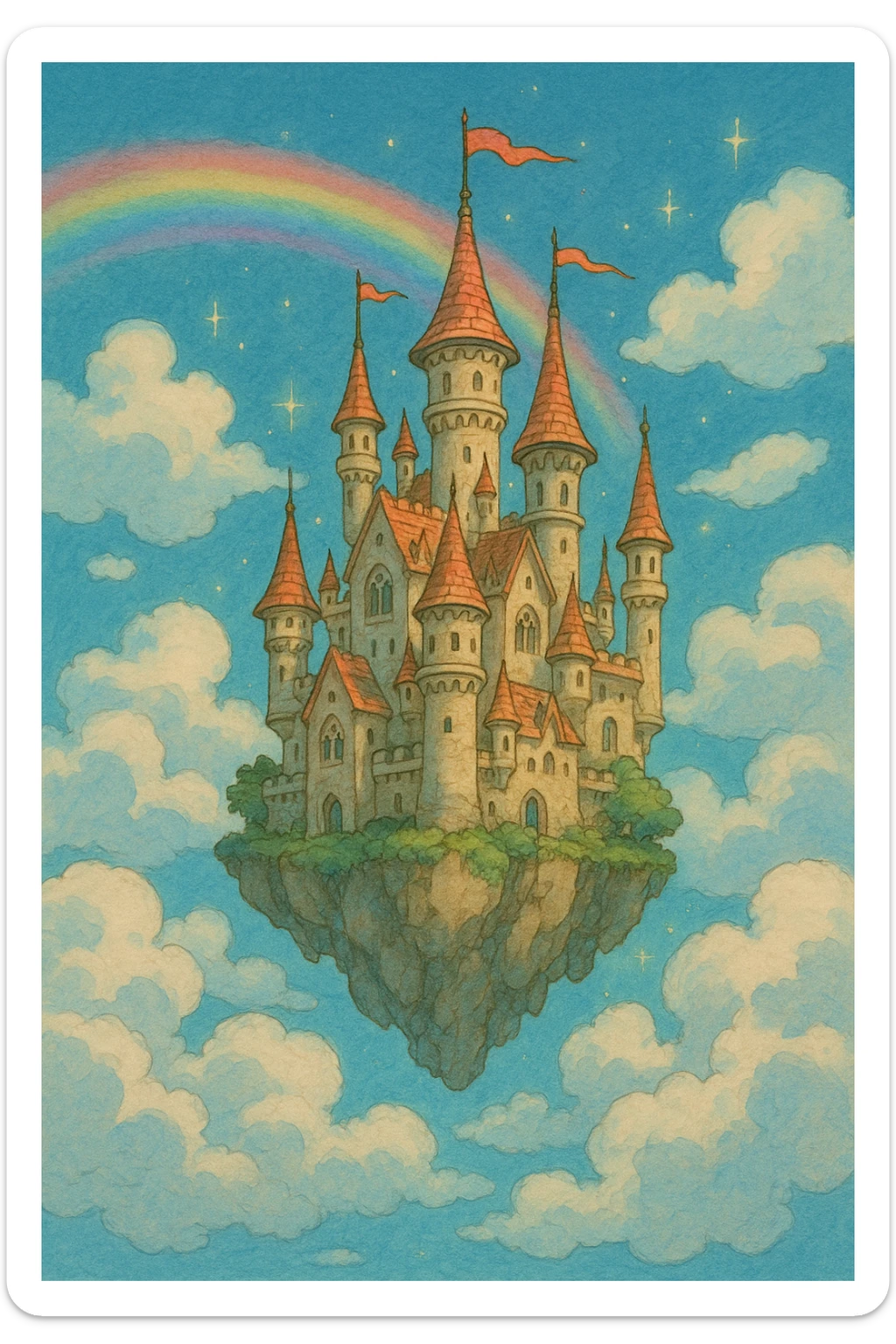 A whimsical, fantasy-themed illustration of a castle floating in the sky. The castle is intricately designed with towers, turrets, and flags fluttering in the wind. It floats among fluffy clouds, with a rainbow arching in the background and magical sparkles adding a touch of enchantment to the scene. sticker