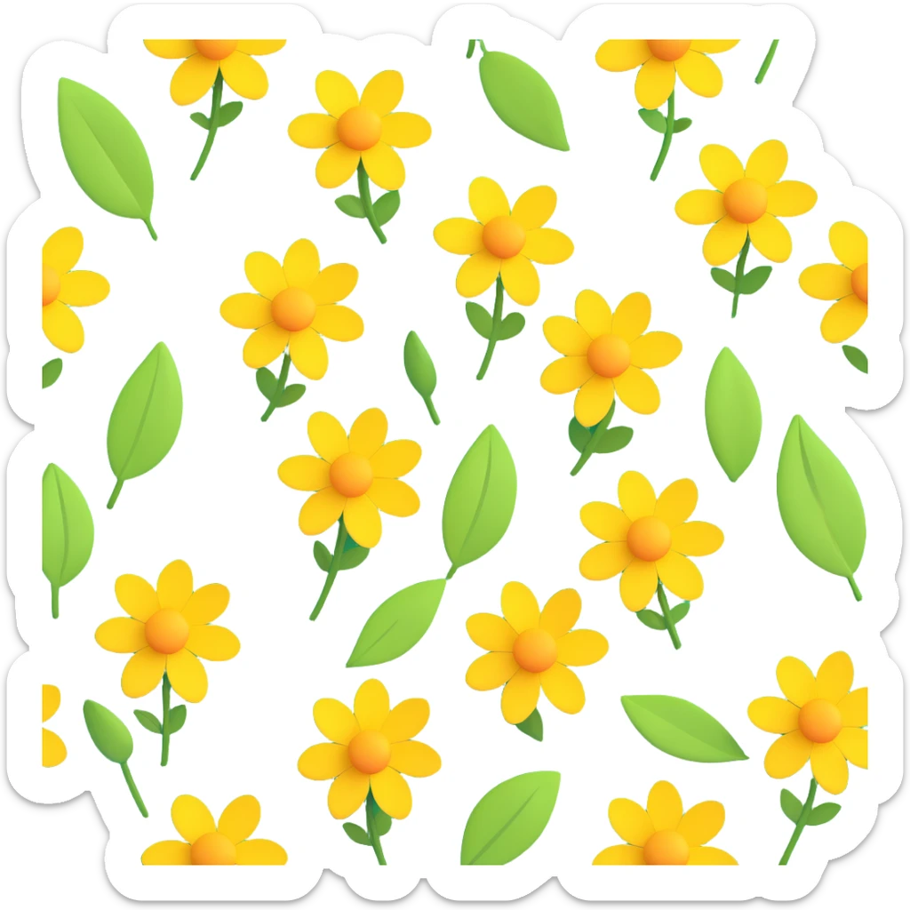 Create a 3D illustration of dandelions in the style of iOS Apple emoji, featuring volumetric yellow flowers and green leaves on a transparent background. sticker