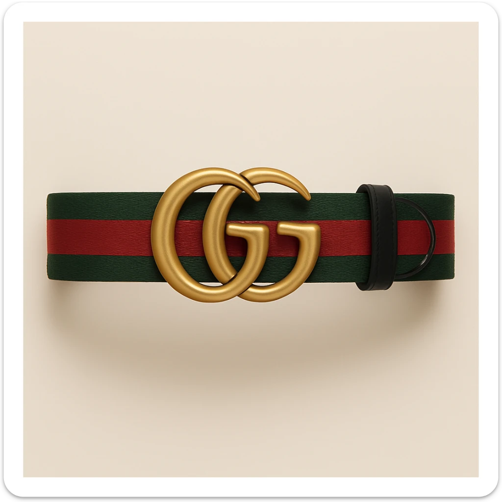 Change the belt band to green, black, and red stripes, keep the gold GG buckle and luxury look, maintaining a high-end fashion style. sticker