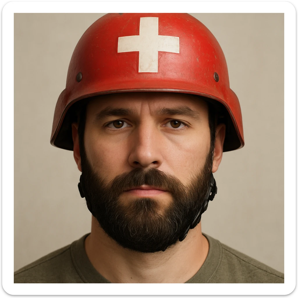 bearded man wearing a red medic helmet, detailed, clear facial hair, helmet with a white cross, neutral background sticker