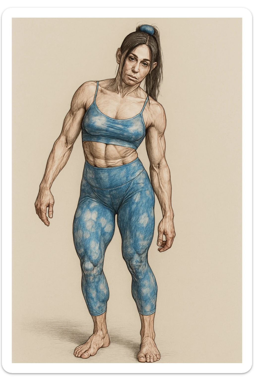 Realistic style illustration of a woman in sportswear with an asymmetric posture showing evident postural problems. The anatomy is clearly visible with muscles and joints emphasized. The background is neutral and the format is vertical, inspired by the reference photo. sticker