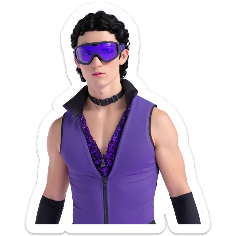 male athlete with white skin and moderately curly black hair on top with shaved sides, wearing ski goggles with purple frames and very dark black lenses, a simple plain black chain necklace, and a completely unzipped sleeveless vest with purple and black sequin fire pattern design, fully revealing his chest, shoulders and arms, no earrings sticker