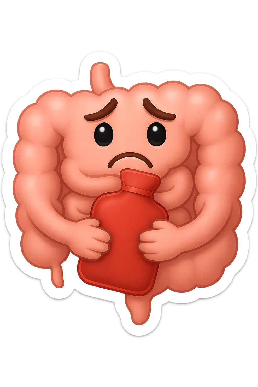 emoji stile iphone di un intestino che si tiene la borsa dell'acqua calda al centro, espressione di tristezza in volto, iperrealistico 4k sticker