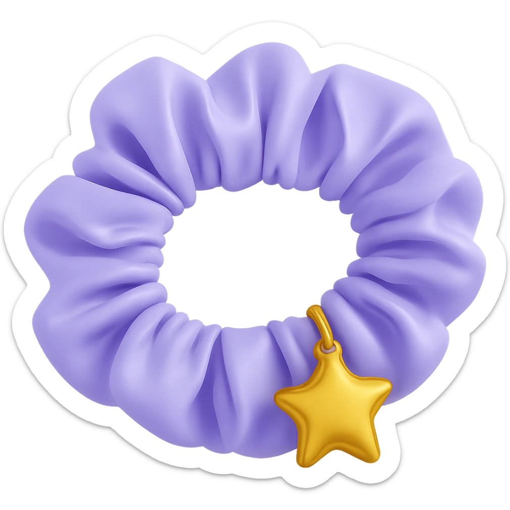 Change the gold heart charm to a gold star charm on the pastel purple silky scrunchie, keep the 3D emoji style and shimmer effect. Remove the background. The style is 3D emoji style with shimmer effect. sticker