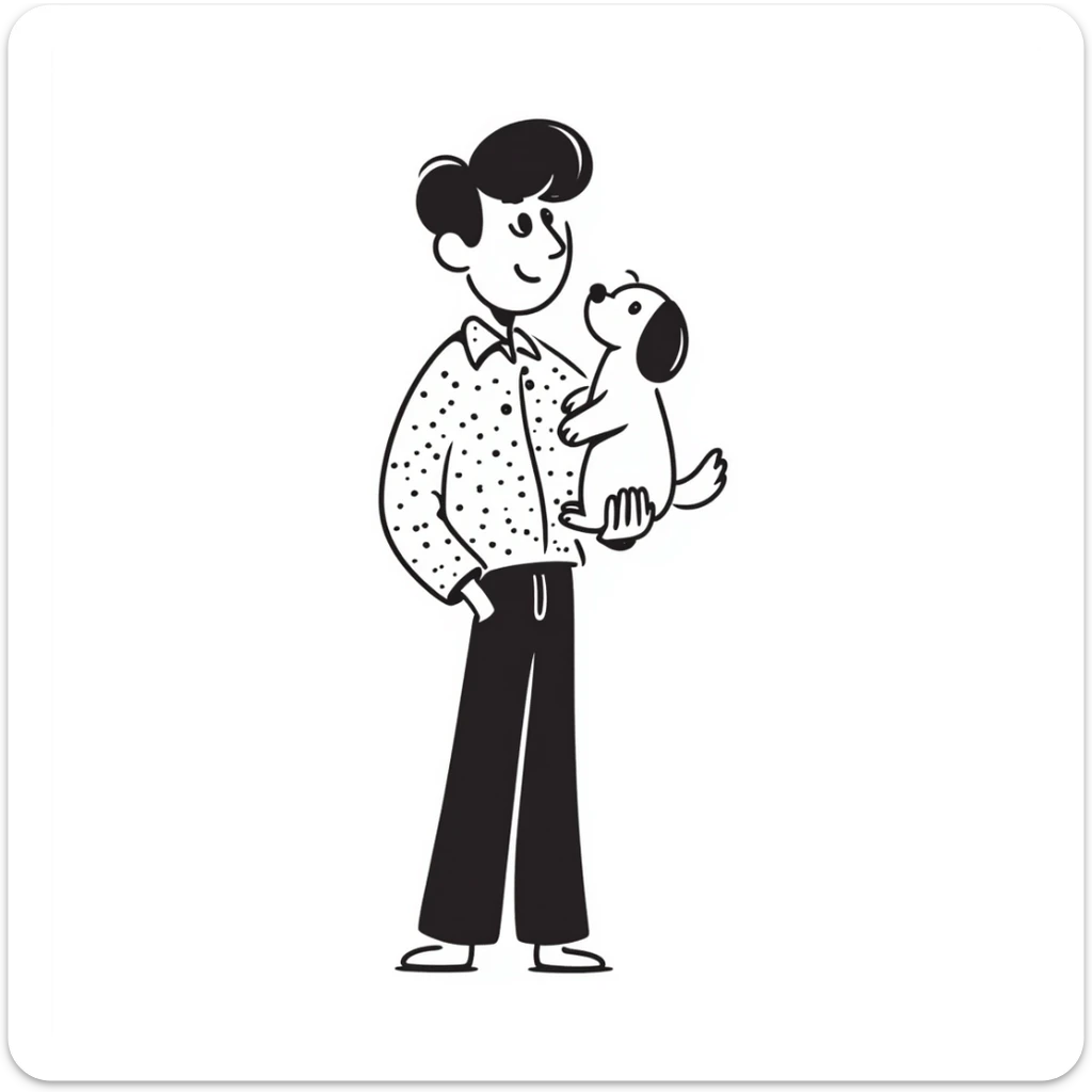 Mexican man with black hair and brown eyes wearing a shirt and black pants, holding a small white dog with one brown ear sticker