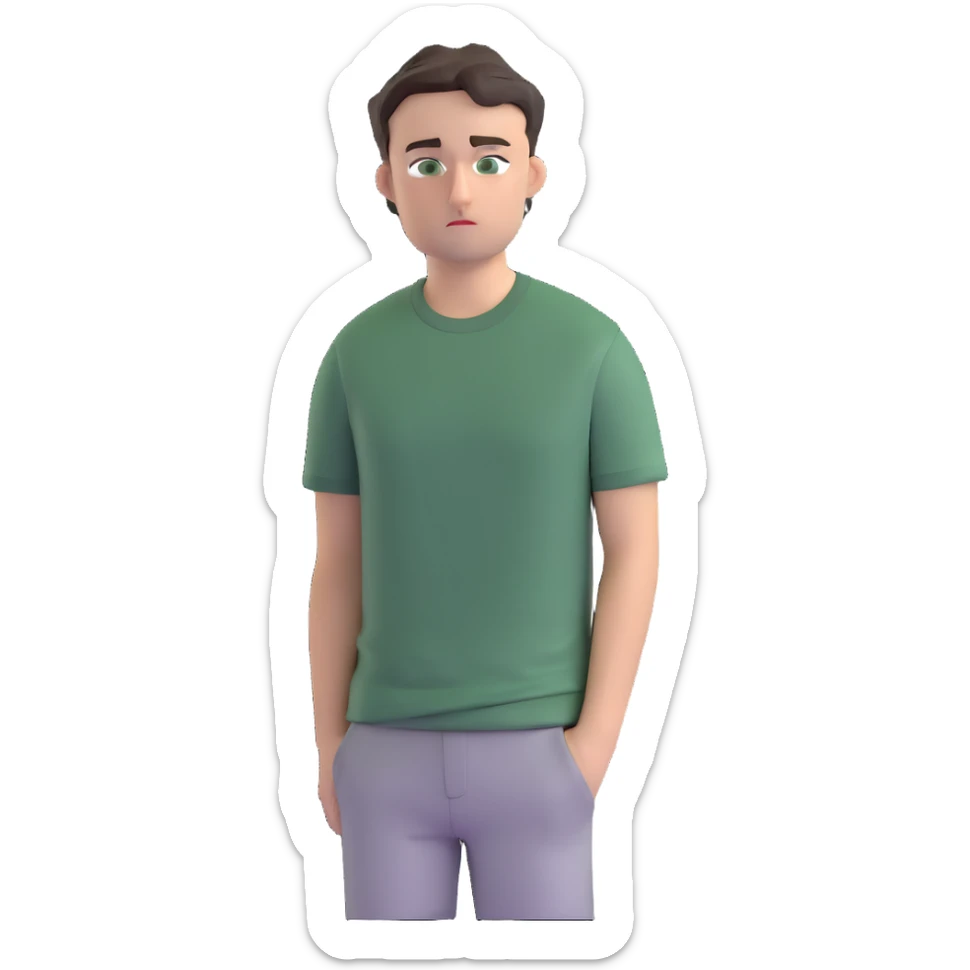 man with dark messy short hair, dark green eyes, wearing a gray t-shirt sticker