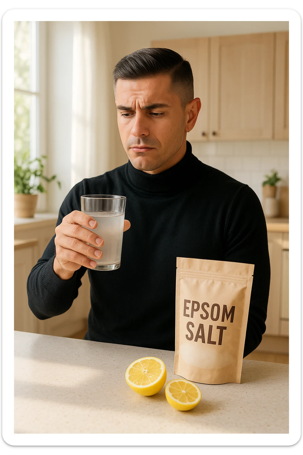 A realistic, bright photo-style image of a young man in his 30s standing in his kitchen, holding a clear glass filled with water in which Epsom salt (magnesium sulfate) has been dissolved. He looks focused but slightly uncertain as he prepares to drink it for a liver flush or digestive cleanse. The glass shows slight cloudiness from the dissolved salt. On the counter are a packet labeled 'Epsom Salt' and a sliced lemon, suggesting he might use it to mask the taste. The setting is clean, natural, and bright with neutral tones. The background shows sunlight streaming through a window, emphasizing a clean, minimalist health-focused environment. The mood conveys a realistic, calm moment of self-care with a hint of discomfort, illustrating a natural detox practice sticker