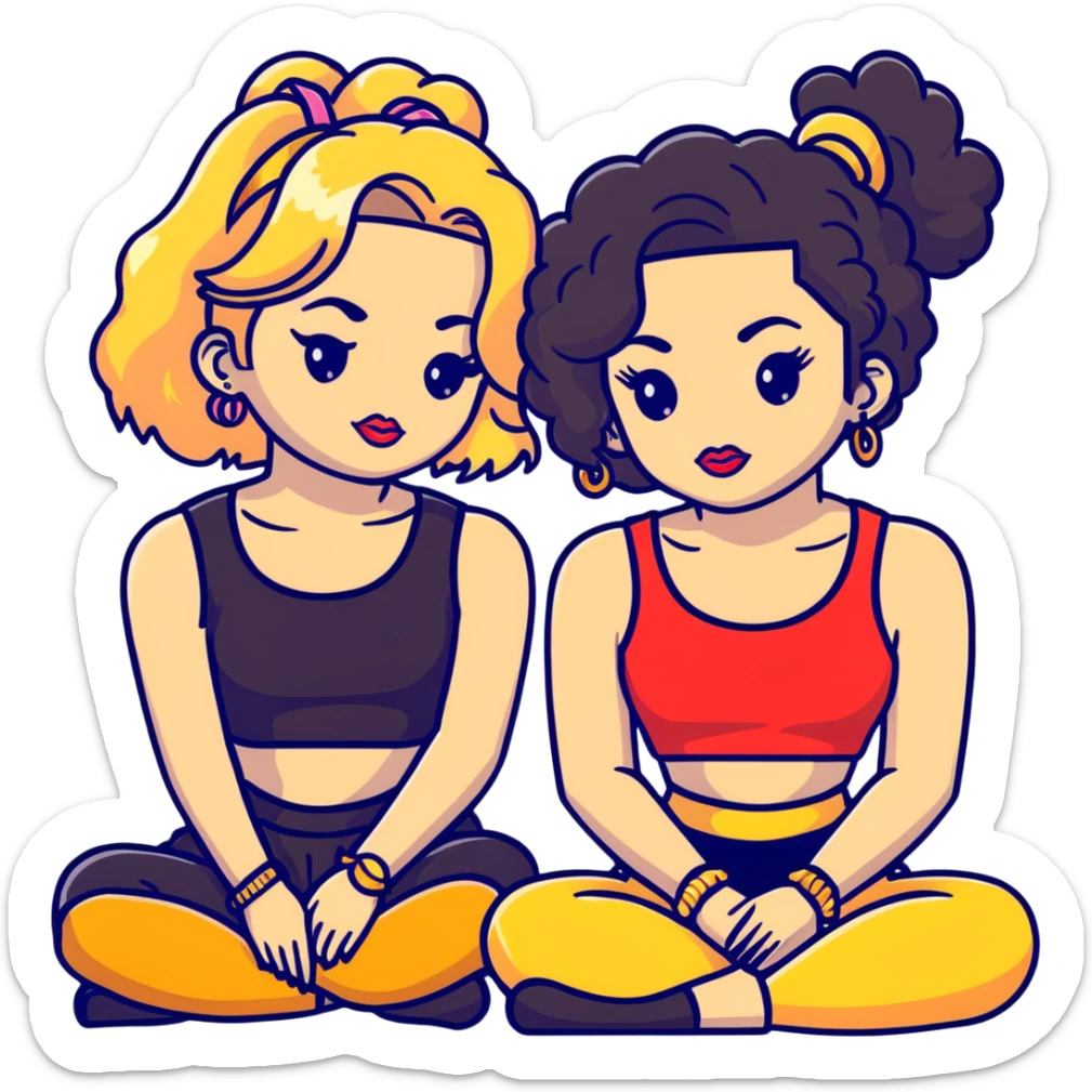 Full body of two teenage girls sitting together, one white with straight blonde hair and one brown-skinned with curly black hair, both with heavy makeup, big lips, crop tops, gold jewelry and flashy choni style outfits sticker