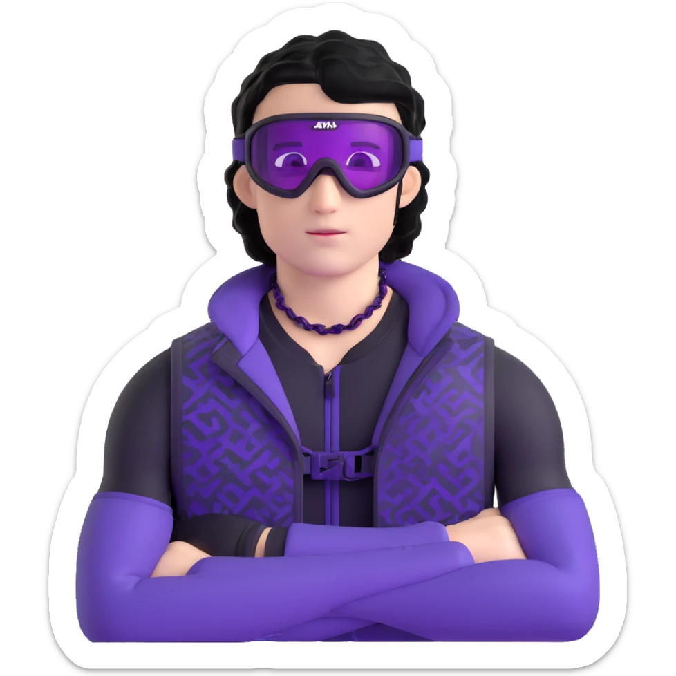 male athlete with white skin and moderately curly black hair on top with shaved sides, wearing ski goggles with purple frames and very dark black lenses, a simple plain black chain necklace, and a completely unzipped sleeveless vest with purple and black sequin fire pattern design, fully revealing his chest, shoulders and arms, no earrings sticker