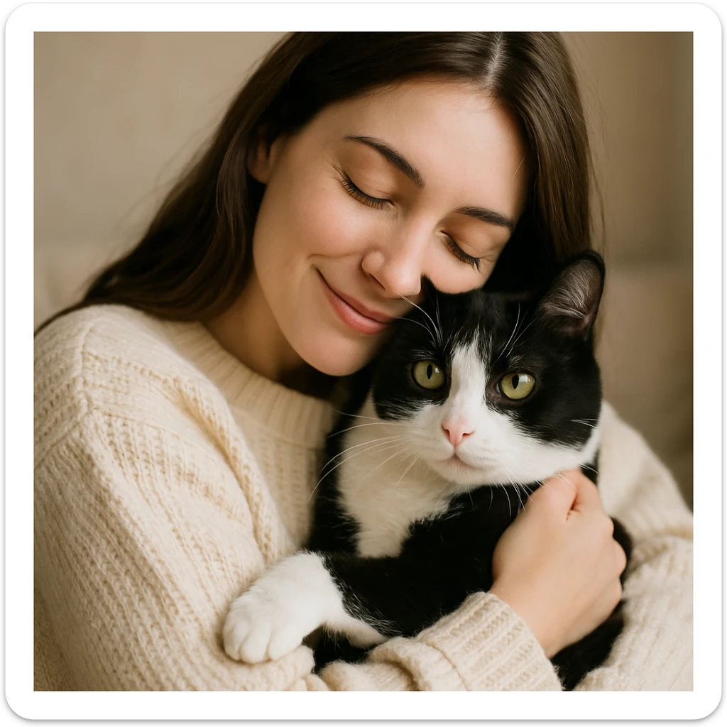 a woman in a cream sweater with long brown hair hugging a black and white cat, cozy and loving moment sticker