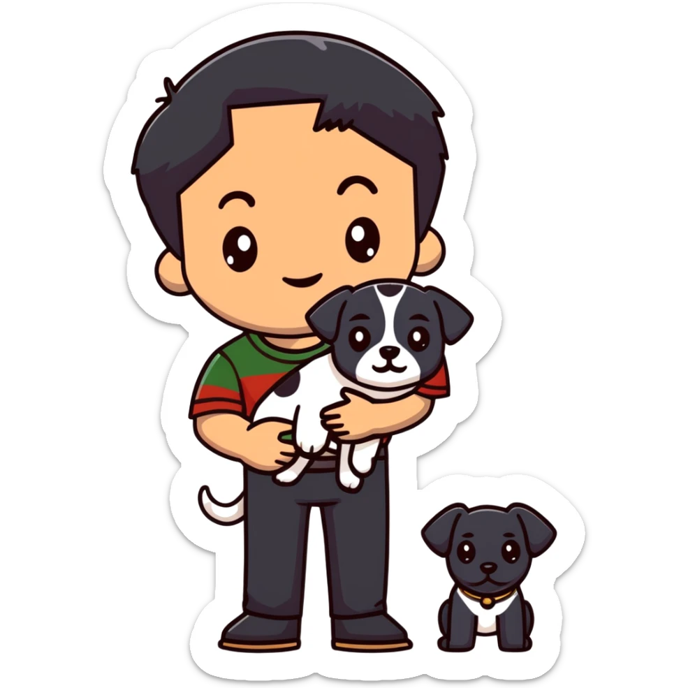 Mexican man with black hair and brown eyes wearing a shirt and black pants, holding a small white dog with one brown ear sticker