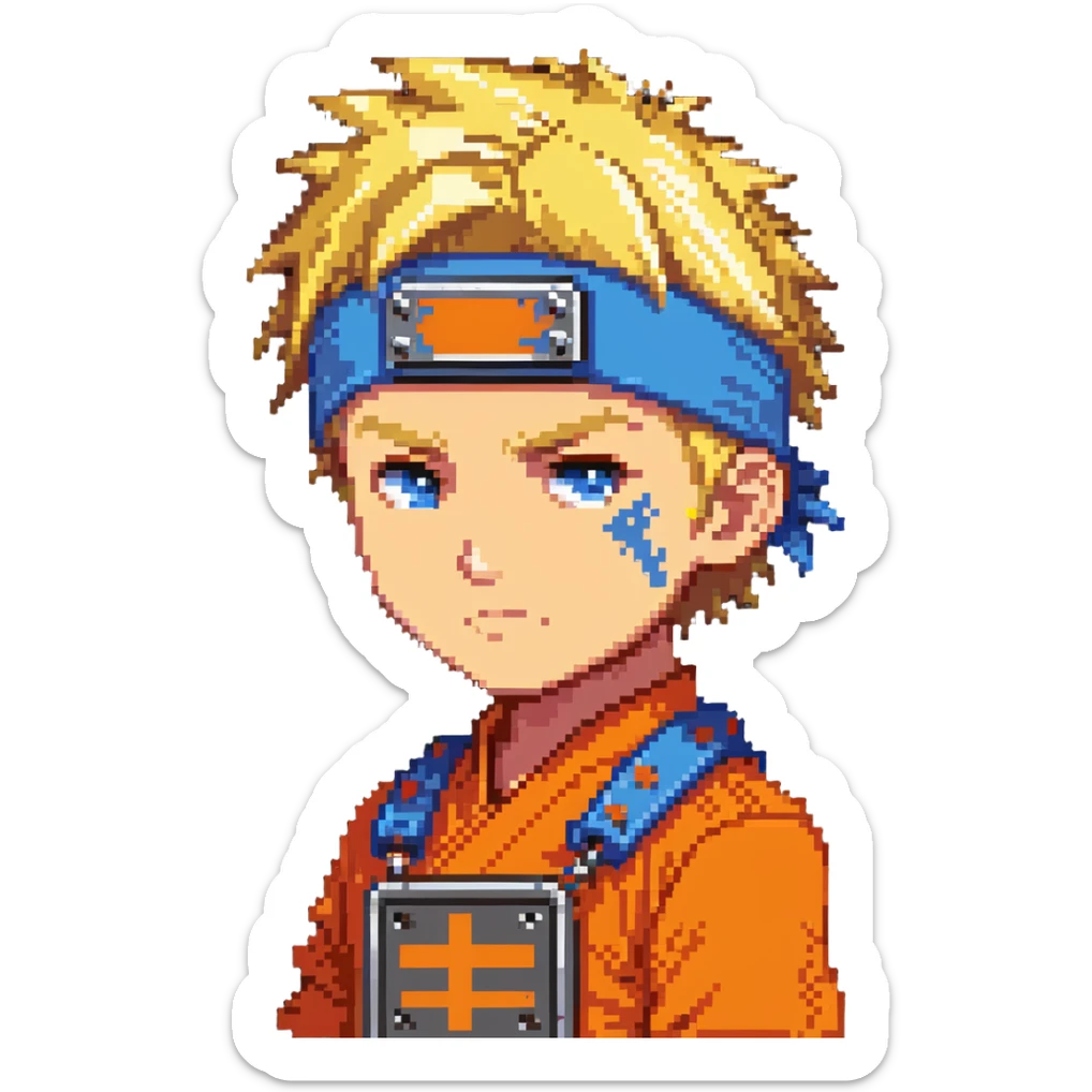 A blonde ninja boy with spiky hair, whisker marks on cheeks, orange outfit, and blue headband with metal plate sticker