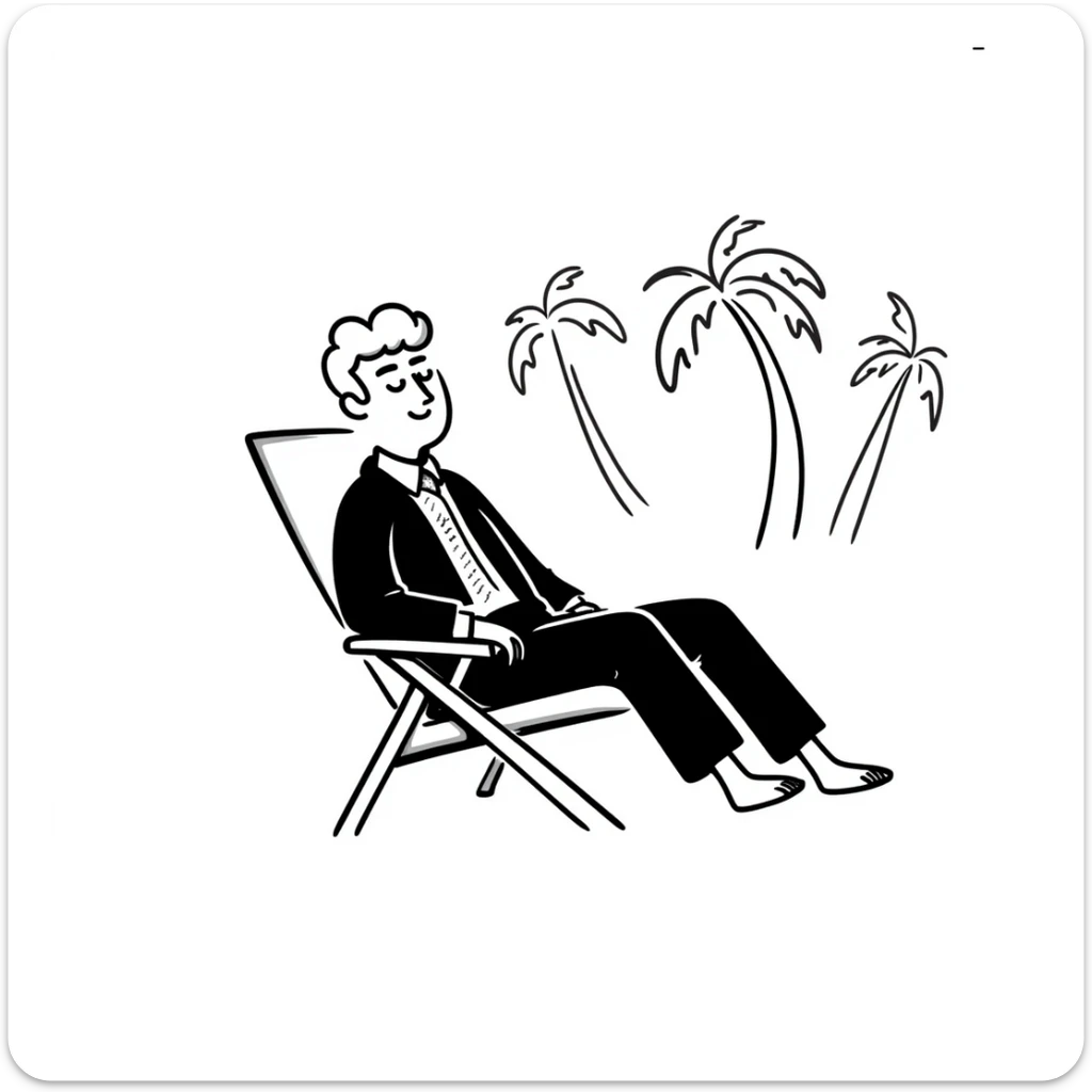 hand-drawn blonde man in business suit sitting on beach chair with palm trees, on vacation sticker