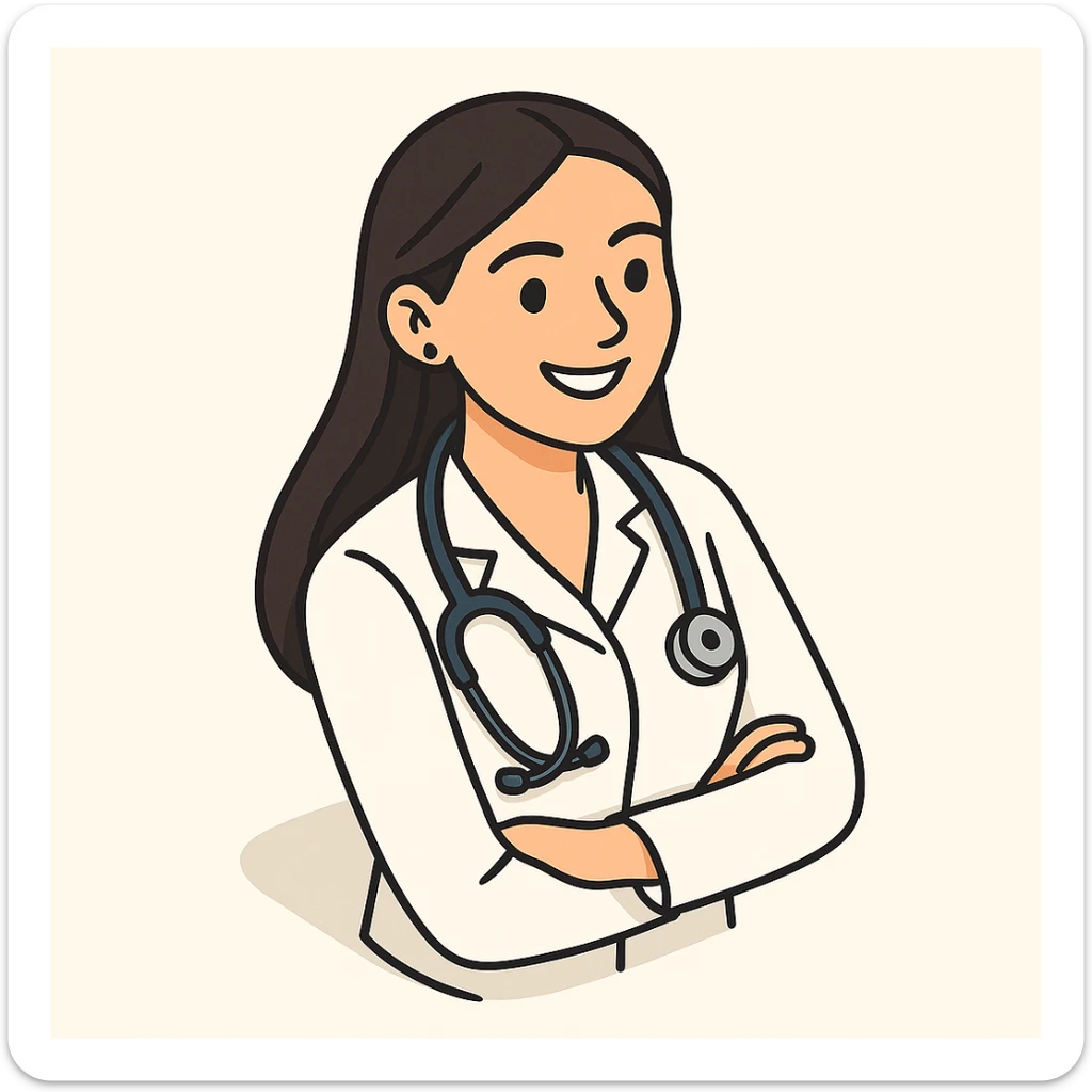 Edit the image of a female doctor with dark long straight hair and brown eyes, smiling, wearing a white medical coat in 2D isometric style with a minimalist background. Add a variation where she has a stethoscope around her neck. sticker