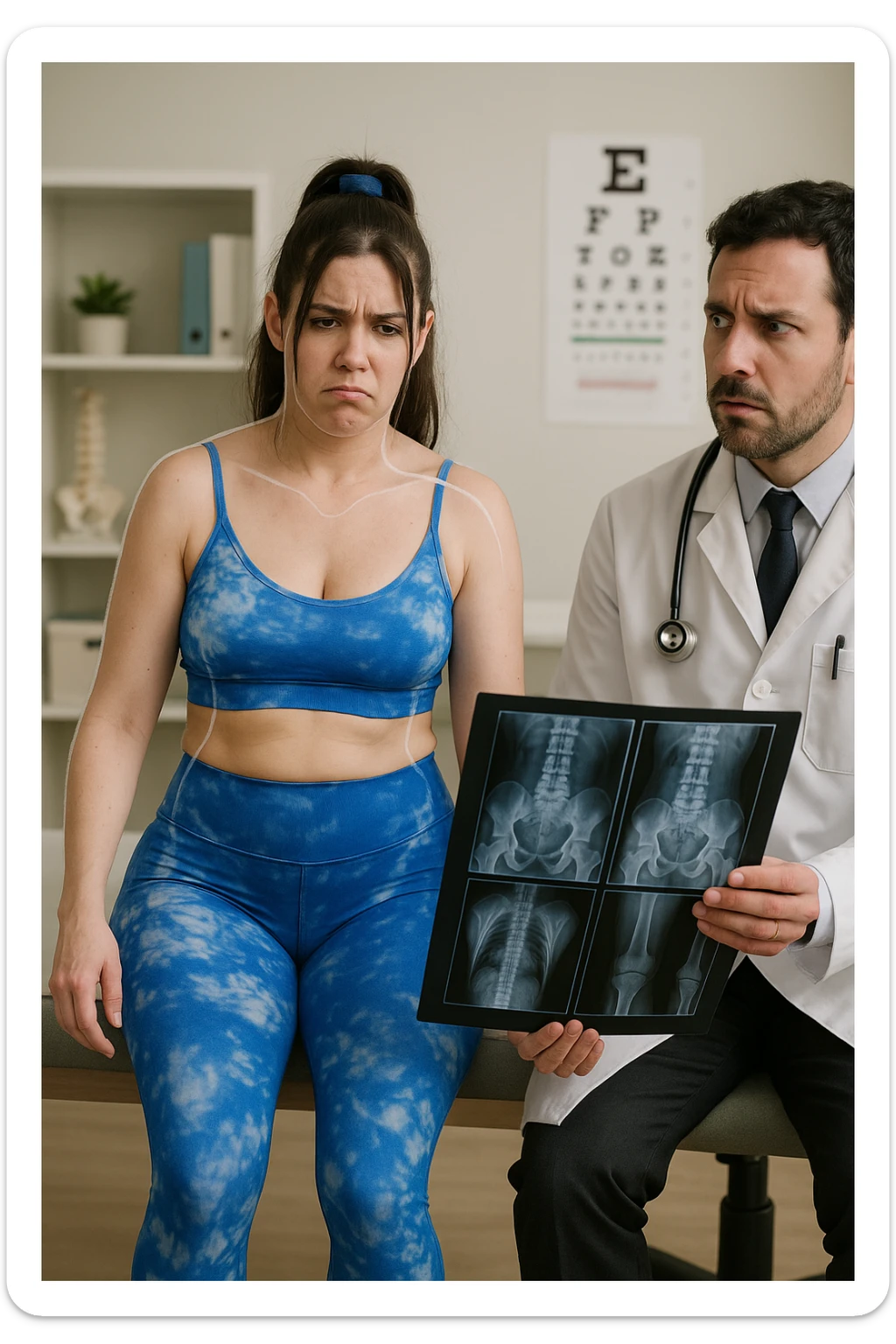 a person sits in a doctor’s office, holding medical imaging results (like X-rays or MRI scans) that appear normal. However, a subtle shadow or ghosted outline around their body reveals postural asymmetries—such as uneven shoulders or hips—that are not visible in the scans. The doctor looks puzzled, while the patient appears frustrated. sticker