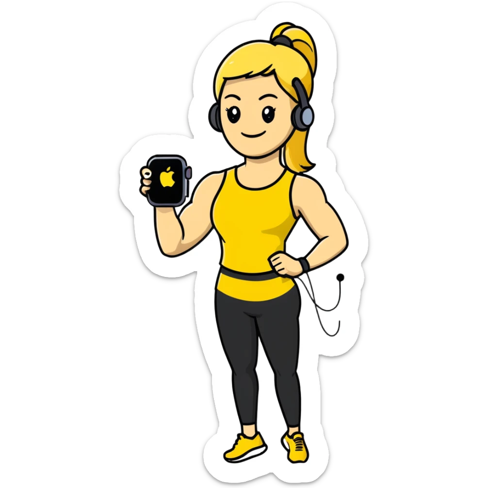 Sporty blonde woman in yellow top and black leggings, showing bicep, smiling, with wireless earbud and Apple Watch sticker