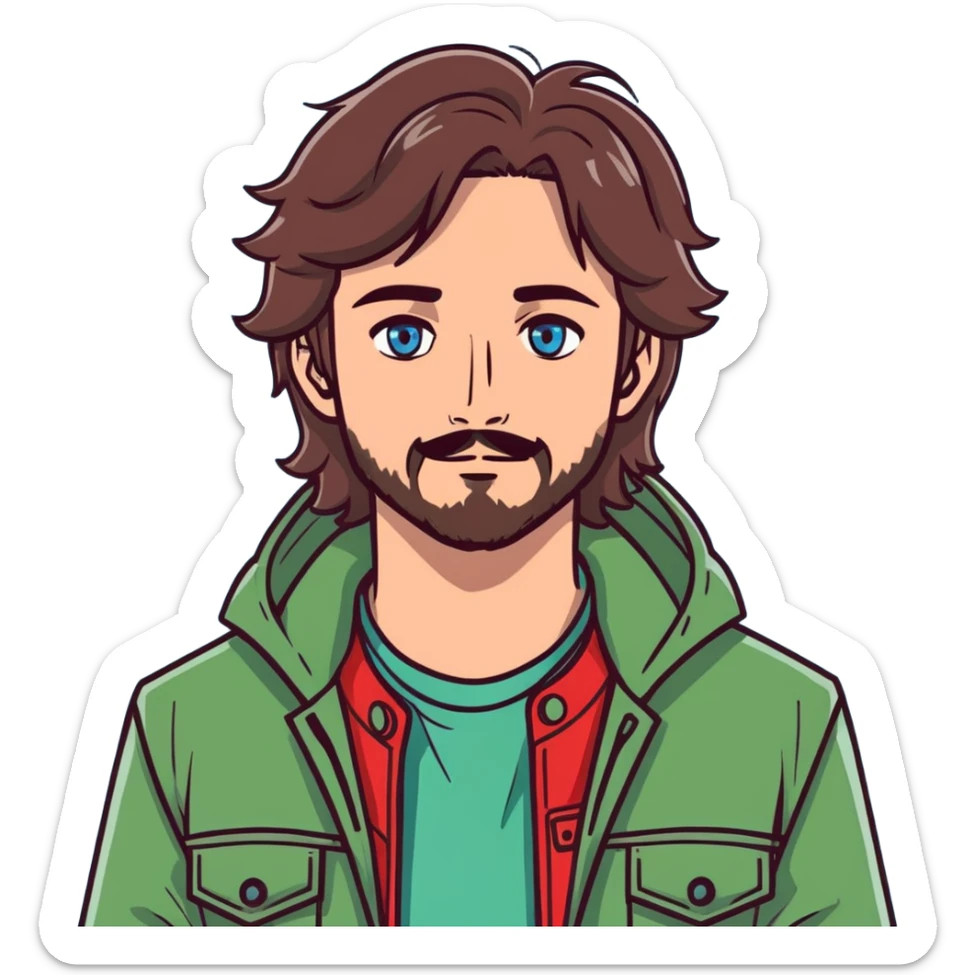 male with long messy brown hair, small facial hair, greyish blue eyes, wearing a green jacket sticker