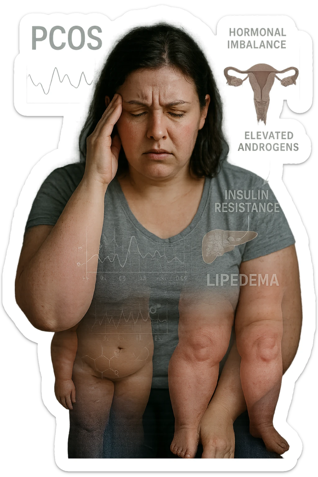 cinematic realistic in italiano Woman with PCOS struggling with hormonal chaos, transparent overlay showing elevated androgens and insulin resistance affecting her body, lipedema causing disproportionate fat accumulation in legs and arms despite normal torso, expression of frustration with unexplained weight gain, medical charts showing complex endocrine dysfunction, painful swollen limbs contrasting with metabolic confusion in italiano sticker
